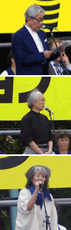 呼びかけ人のひとり、大江健三郎さんが舞台から挨拶（写真一番上）、内橋克人さん（真ん中）、落合恵子さん