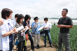 玉ねぎ畑でコアファーム理事長の住永亮さんの説明に聞きいる青果部会の組合員