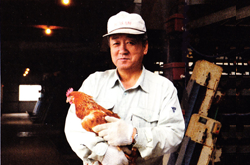 「もみじ」を抱く農場の担当者｡純国産鶏種のシェアはわずか6％という貴重品だ