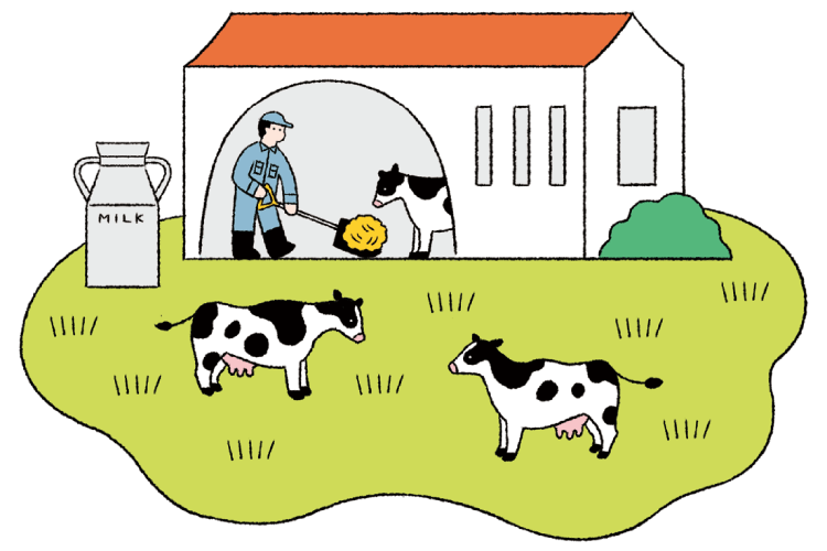 生産者が牛舎で牛に給餌しているイラスト