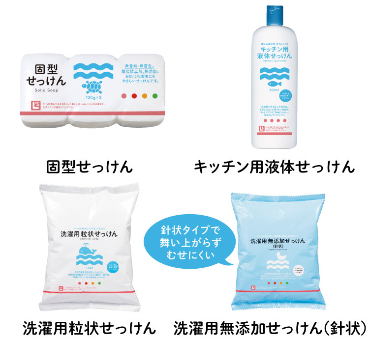 固型せっけん、キッチン用液体せっけん、洗濯用粒状せっけん、洗濯用無添加せっけん(針状)