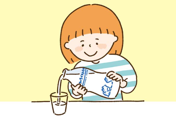 子どもがパスチャライズ牛乳びんからコップに牛乳を注いでいるイラスト