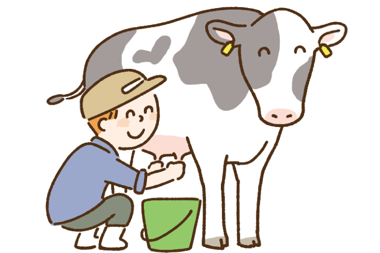 生産者が牛から搾乳をしている様子のイラスト