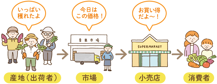 産地(出荷者)⇒市場⇒小売店⇒消費者