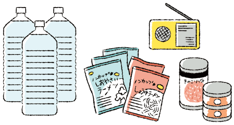 防災用品　飲料水、ラジオ、インスタント麺、缶詰などのイラスト