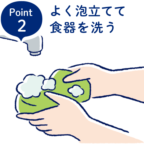 Point2 よく泡立てて食器を洗う